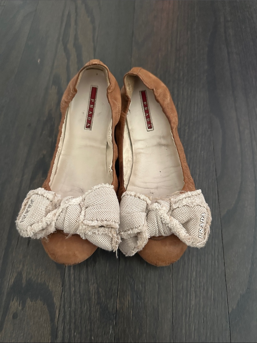 Prada Tan Suede Ballet Flats with Cream Frayed Bow